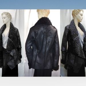 Black Faux Fur Wool and Leather Winter Coat